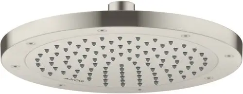 Runde, flache Kopfbrause aus Edelstahl mit mehreren Düsen. Das Produkt trägt die Marke AXOR und zeigt ein schlichtes Design.